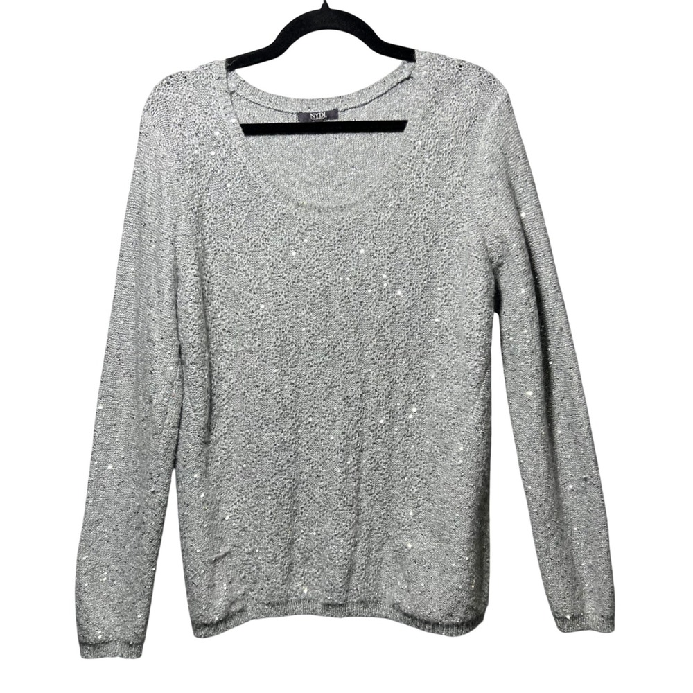 NYDJ Knit Sweater‎ Silver Sequin Sparkle Metallic Scoop Neck Size M Lightweight